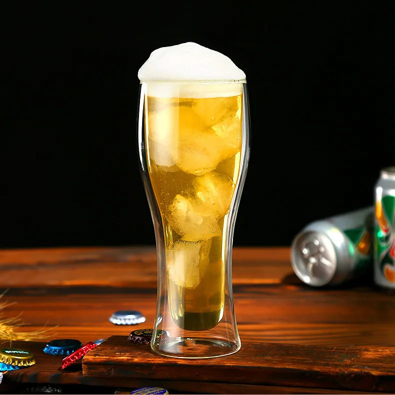 14oz New style Upside down clear borosilicate double wall glass beer mug glass cup with LFGB