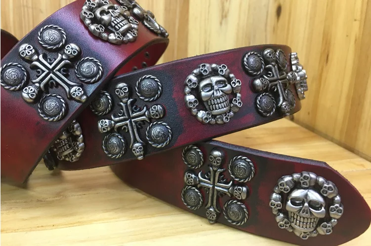 Cowboy Cowgirl Western Top Grain Cow Hide Punk Studded Genuine Leather Skull Belt