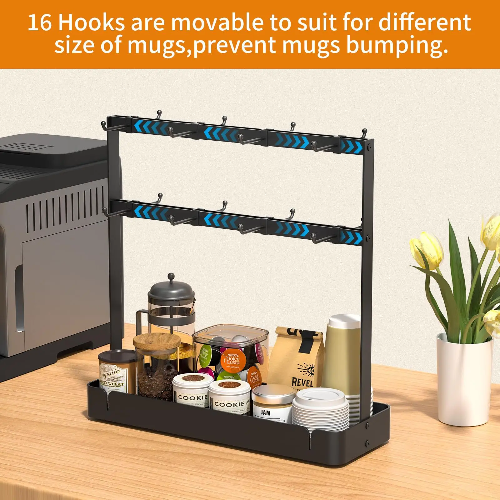 Coffee Mug Holder With Movable Hooks,16 Capacity Coffee Cup Holder For Countertop,2 Tier Mug Tree Holder Rack