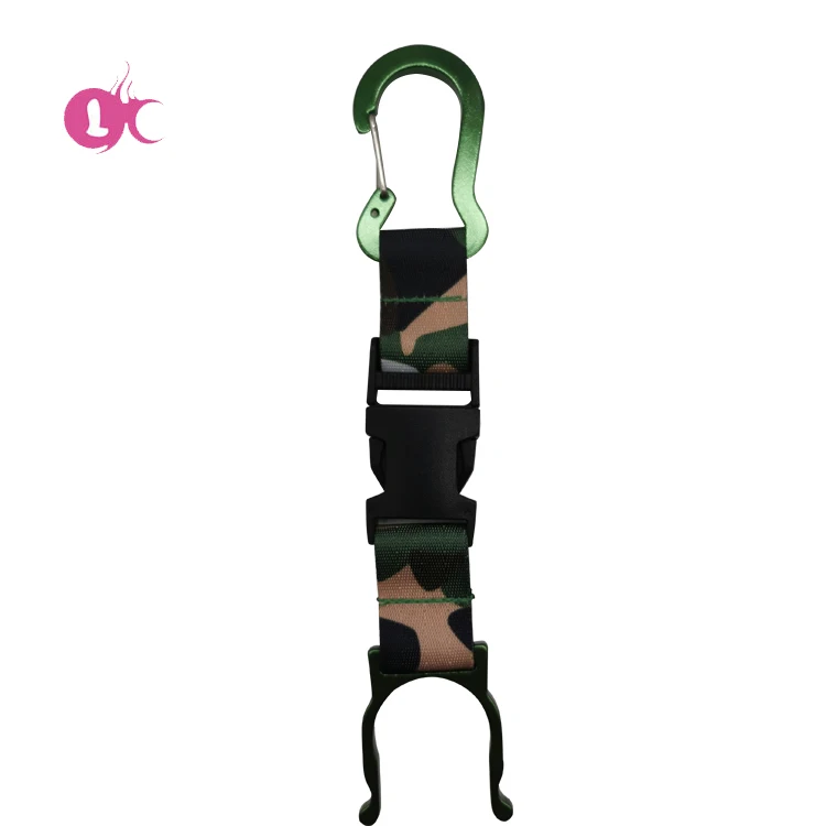 Factory supplier outdoor Aluminum water bottle hanger buckle hook holder carabiner plastic clip with nylon belt