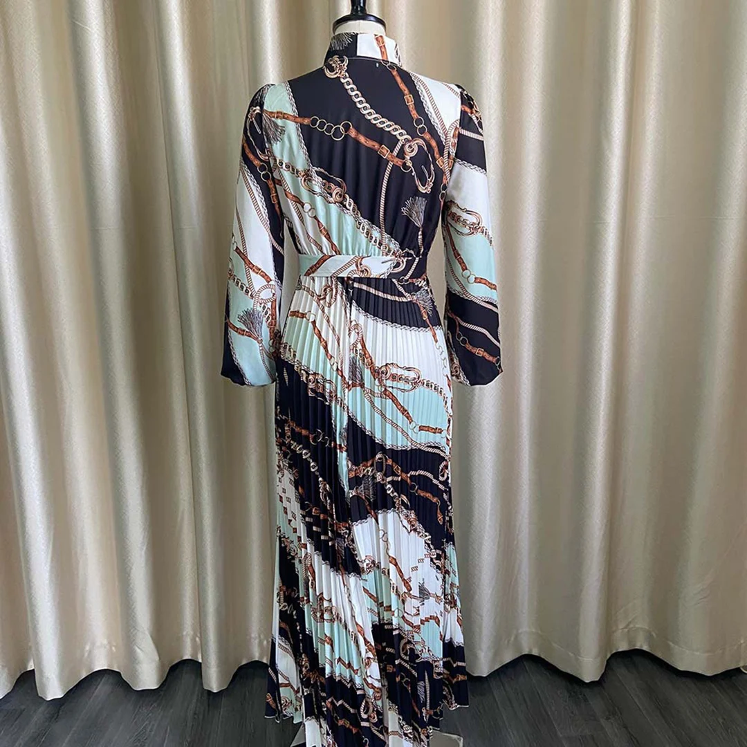 Latest Design Spring Oversized Long Sleeve Elegent Printed Pleat Maxi Dress Wrap Ladies Office Dress