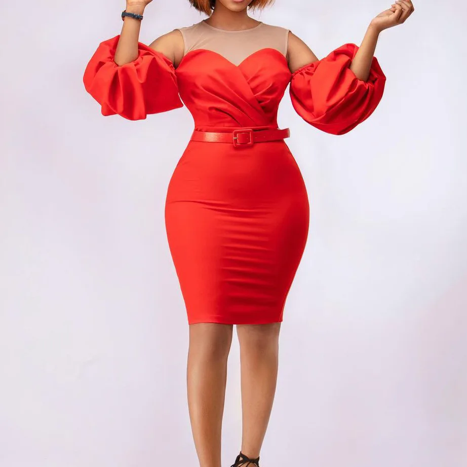 Summer Trending Dress Hip Wrap Temperament Mesh Stitched Ladies Turkey Dresses Office Elegant Casual Dresses With Belt