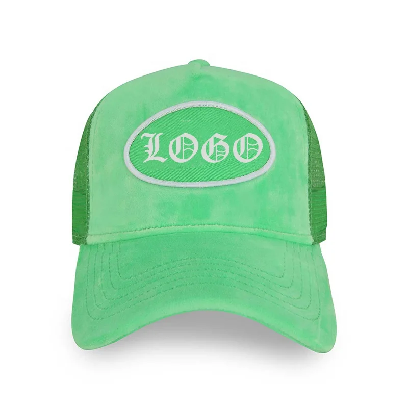 HN05 Wholesale 5 Panel  green embroidered mesh custom blank  oem velvet top layer trucker hat plain mesh high quality cap