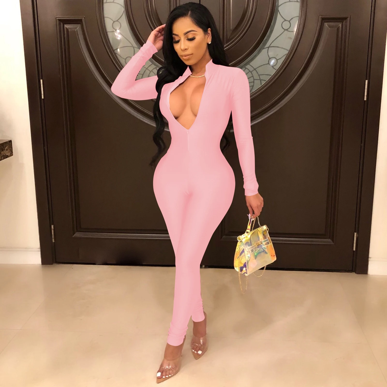 
autumn spring rompers womens jumpsuit fashion V neck sexy slim plus size one piece jumpsuits 