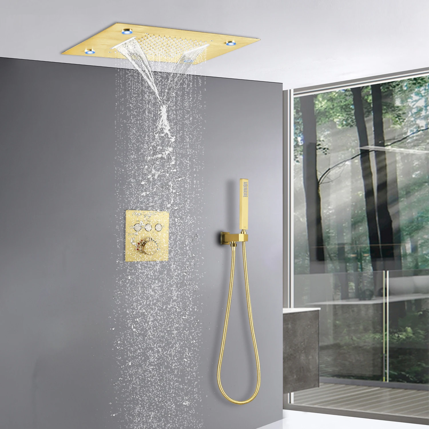 Ceiling Shower System 20x14 Inch Large LED Shower Head Rain Waterfall Bath Gold Faucets Set With Thermostatic Mixer Valve
