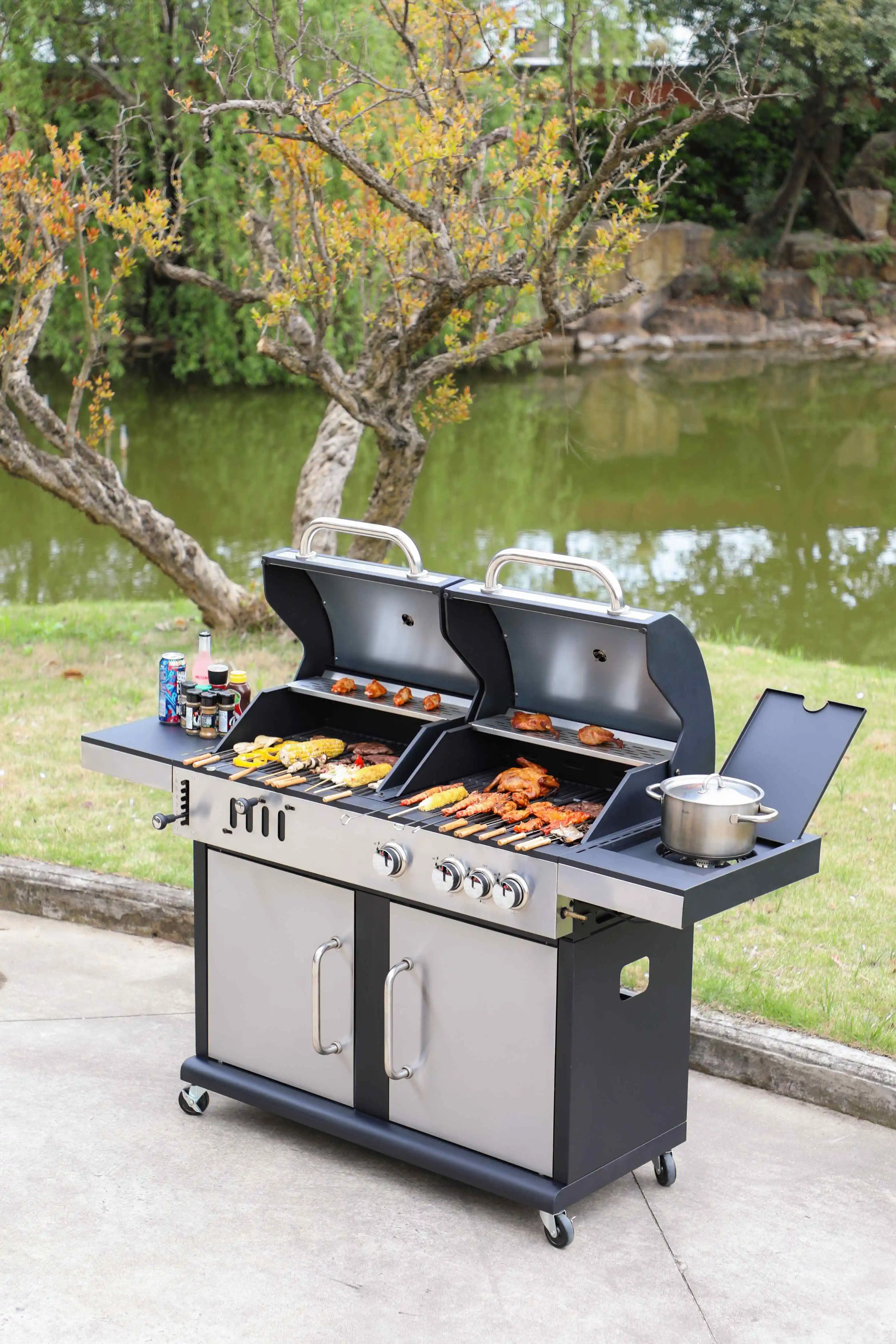 Garden Backyard Portable 3 burner gas charcoal bbq grill + side burner with wheels