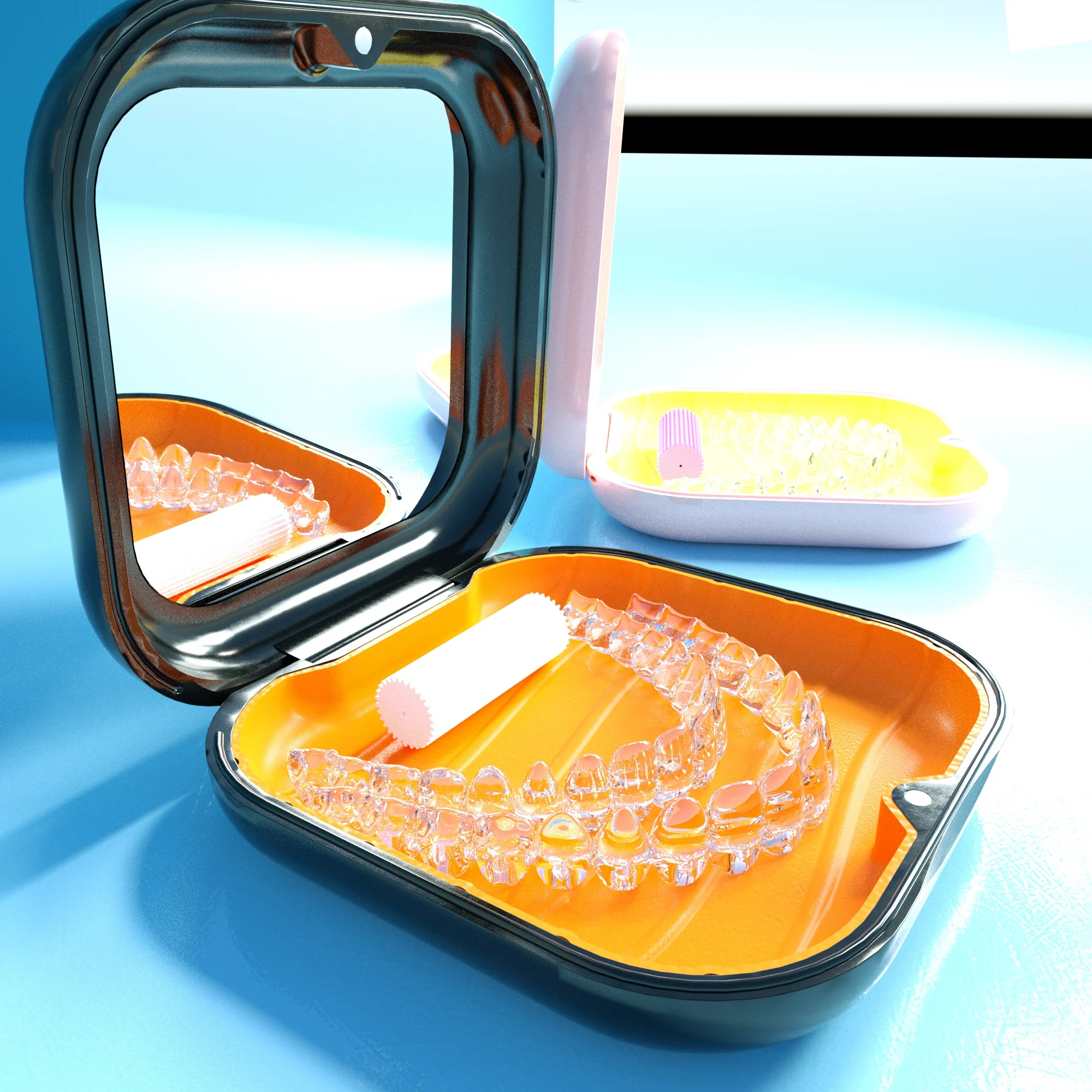 Custom Logo Small Aligner Orthodontic Retainer Case ABS Denture Storage Case with Mirror