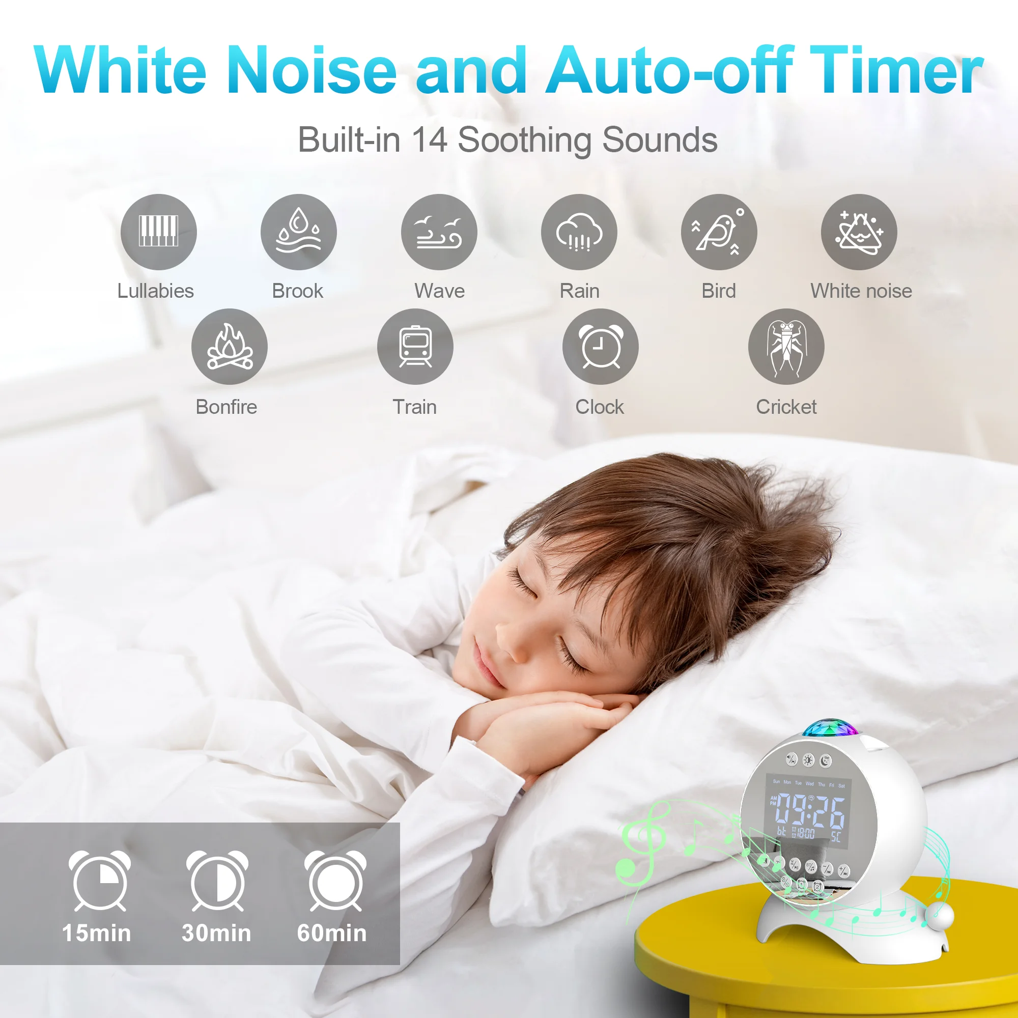 FANSBE Multifunction White Noise Smart Clock Speaker Type-C Charger BT Moon Night Time Smart Wireless Clock Speaker