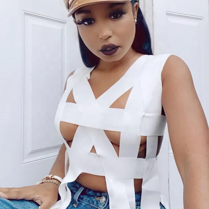 
Latest Design Hollow Out Bandage Ladies Crop Top Sexy Club Women Tank Tops 