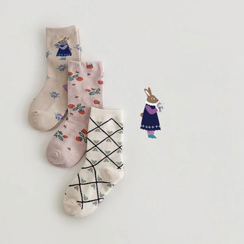 Free samples Autumn Middle Tube Checkered Baby Socks Cute Cartoon Bunny Baby Socks Flower Berry Baby Girl Socks