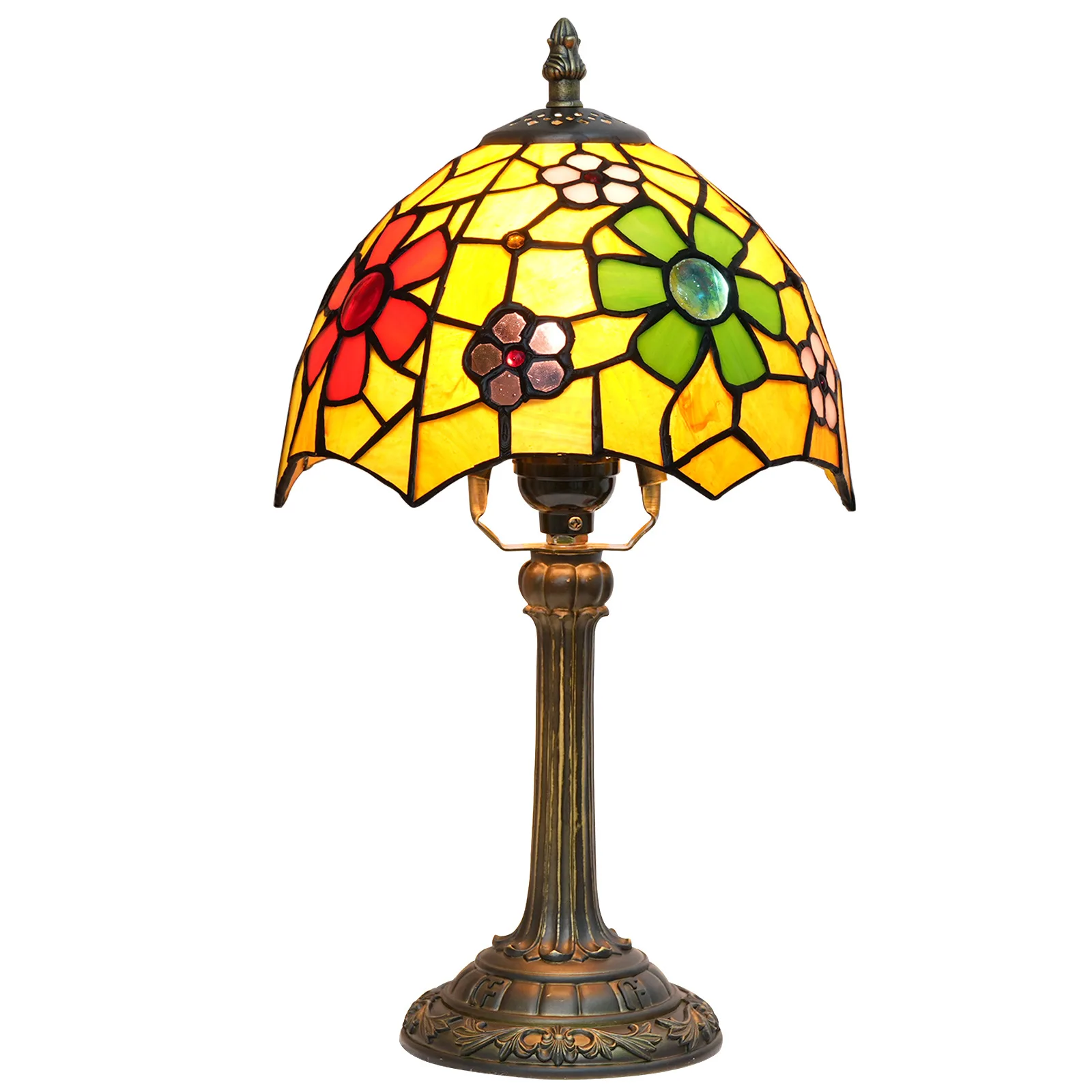 European Tiffany Stained Glass Decor Lamp American Pastoral Cherry Blossom Design Warm LED Lighting Bedroom Bedside Indoor Use