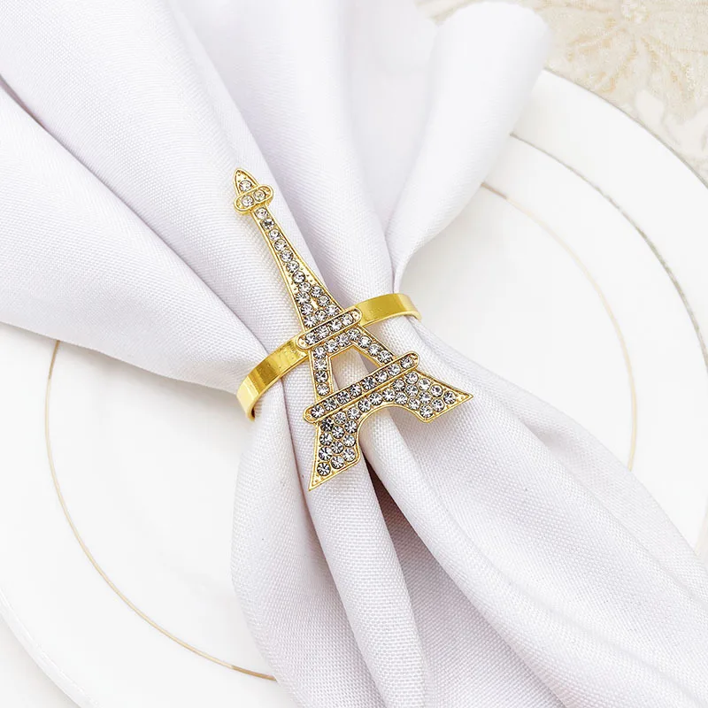 wholesale ideas factory price metal gold Eiffel Tower crystal napkin rings for romantic weddings