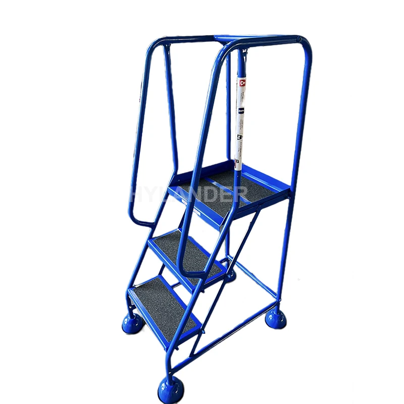 Mobile ladder safety steps warehouse metal platform step ladder with 4 wheels cupped protection feet 3 step platform ladder