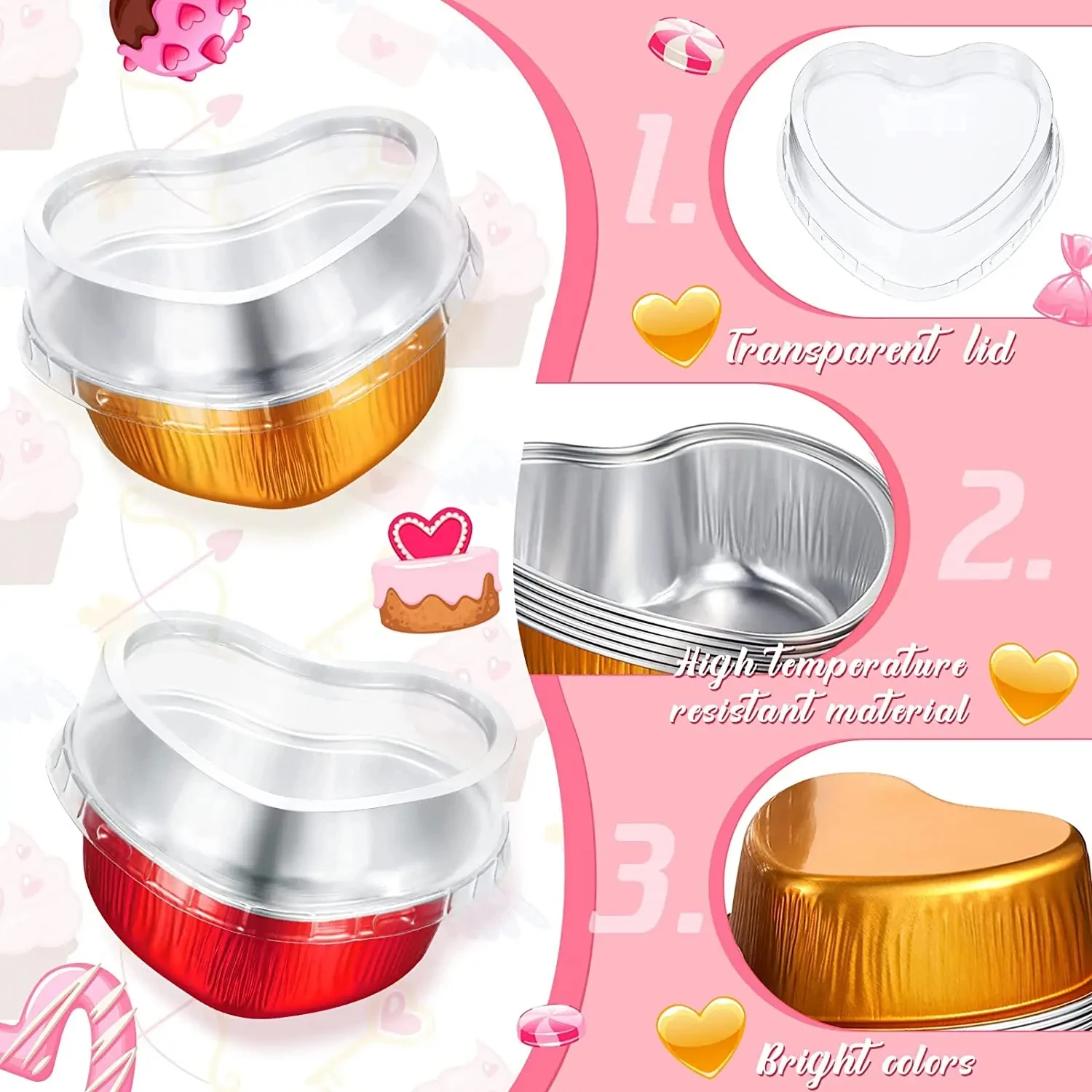 Disposable Heart Shaped Cake Pan Colorful Aluminum Foil Baking Mold Cupcake Pudding Cups with Plastic Dome Lid