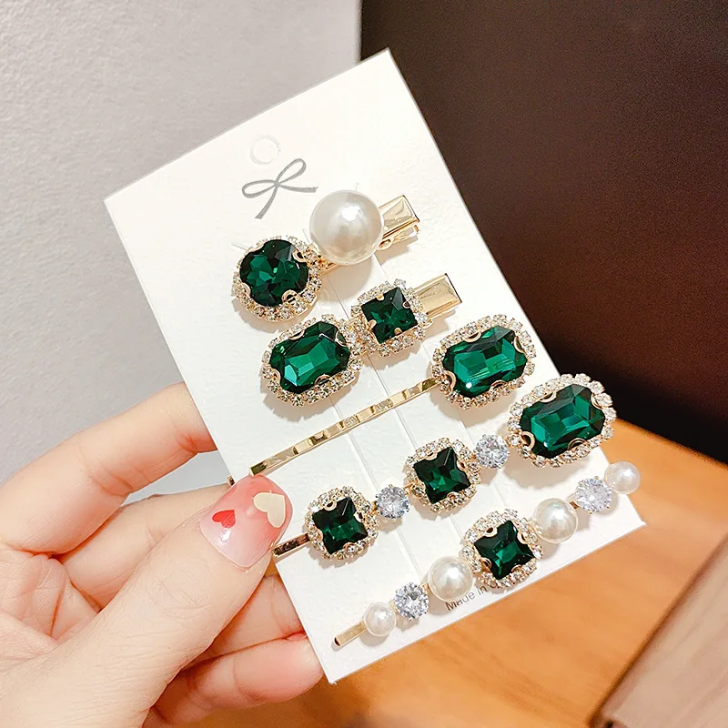 2022 Wholesaler Korean Word Hair Clips Hairpin Accessories Vintage Green Pearl Rhinestone Hair Clips For Women Girl