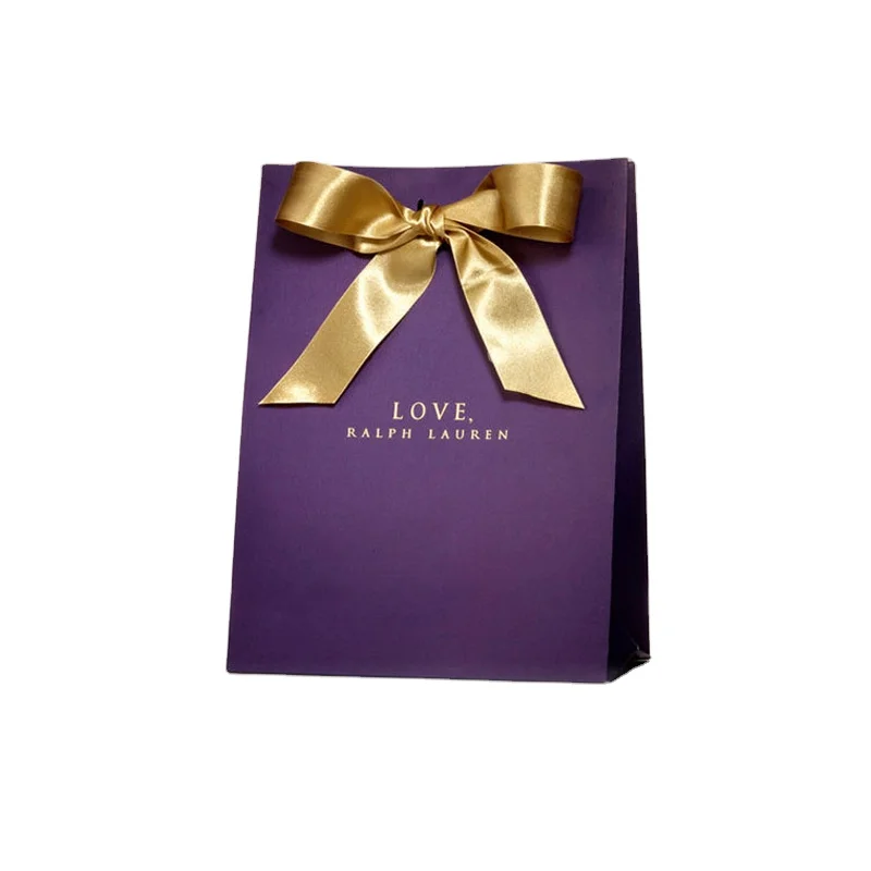 Bag Purple Top Quality High-end Finish Hot Stamping Logo Luxury 2016 with Golden Ribbon Bow Paper Shopping Free Customized
