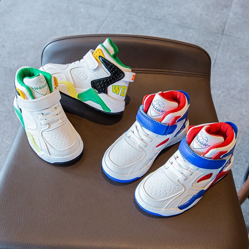 White Upper With Blue And Green Different Match Color Design Soft Lining For Kids Basketball Shoes