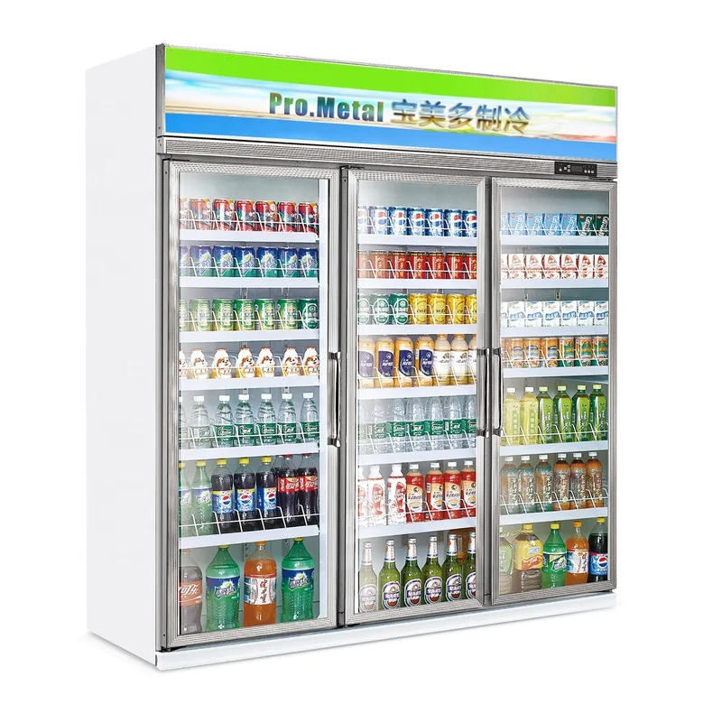Supermarket commercial retail drink showcase 3 door beverage cooler display fridge