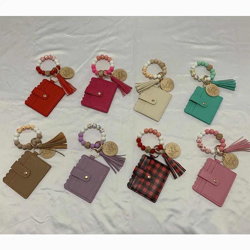 2024 Silicone Bead Bangle wood disc Key Ring Leather Credit Card Holder Tassel Bangle Keychain With Matching Wristlet Wallet