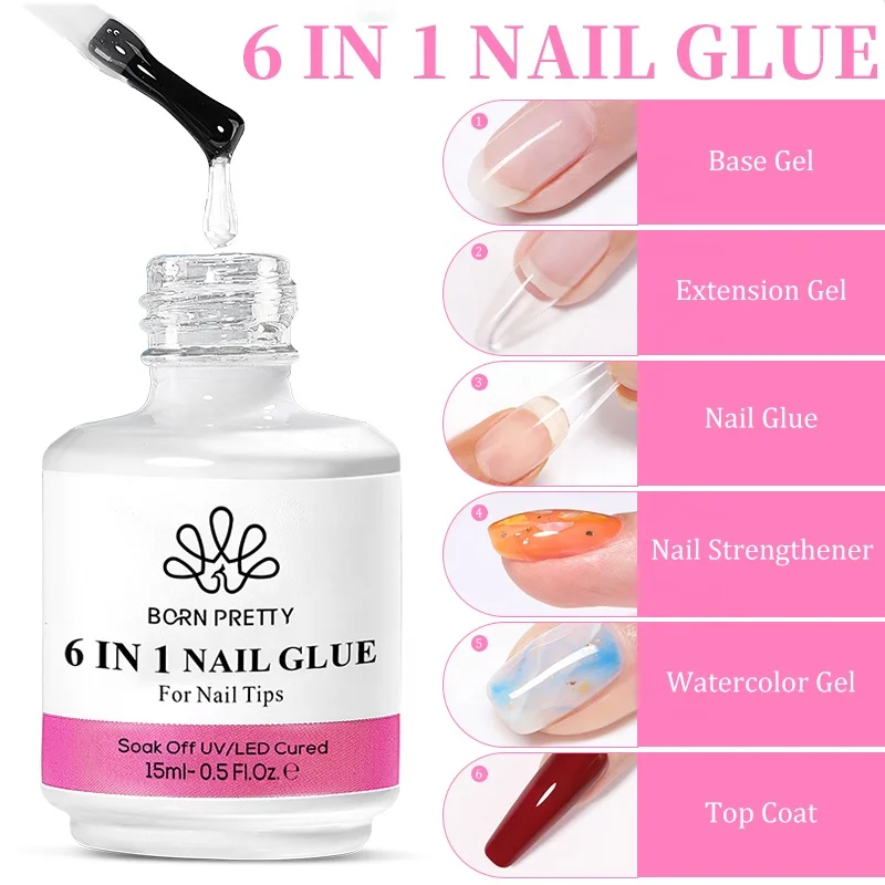 BORN PRETTY 6 IN 1 15ml Multifunction  Nail Tips Glue Gel Polish Transparent Soak off Base Gel Top Coat Extension Nail Gel