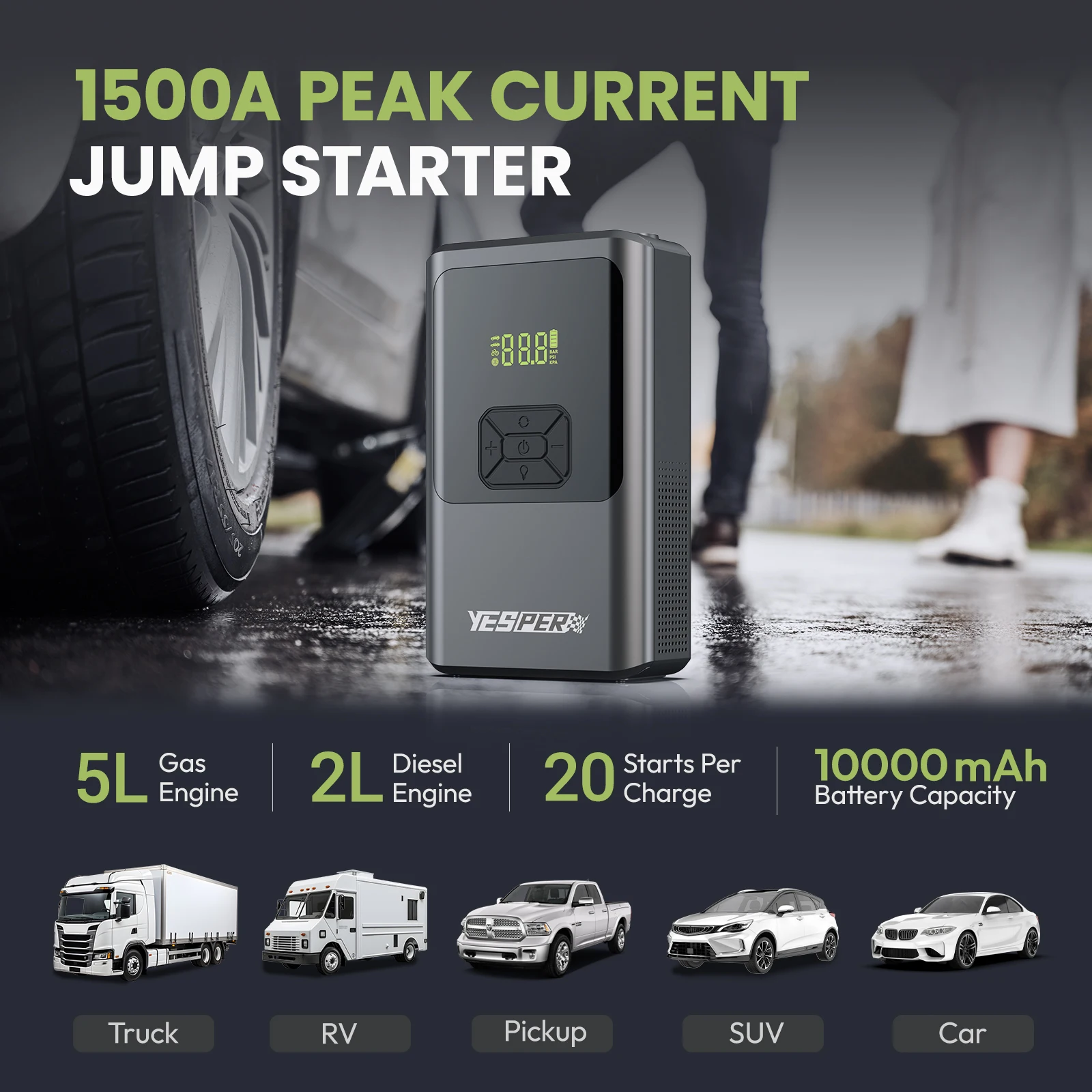 Yesper 383 cheap price portable Car Starter Device Emergency Tool 10000mAh Multi-function Jump Starter With Air Compressor