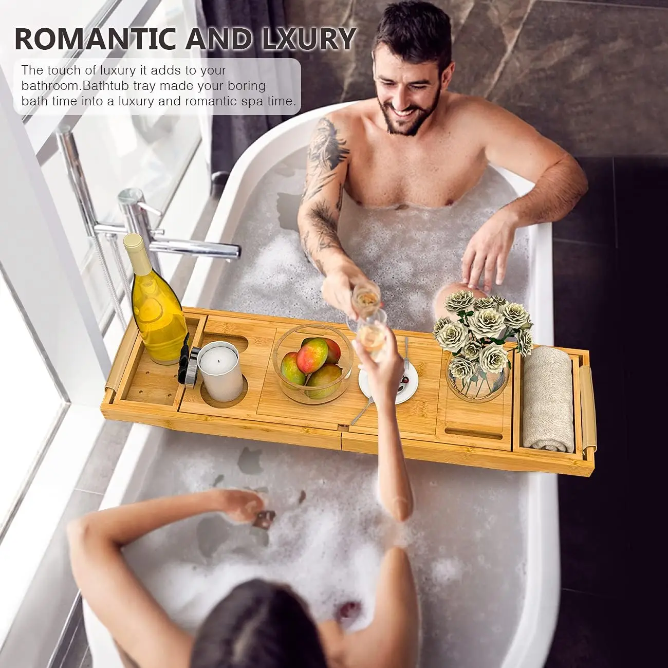 Foldable Soaking Tray Bamboo Bathtub Caddy for home Bathtub Tray With Extending Side