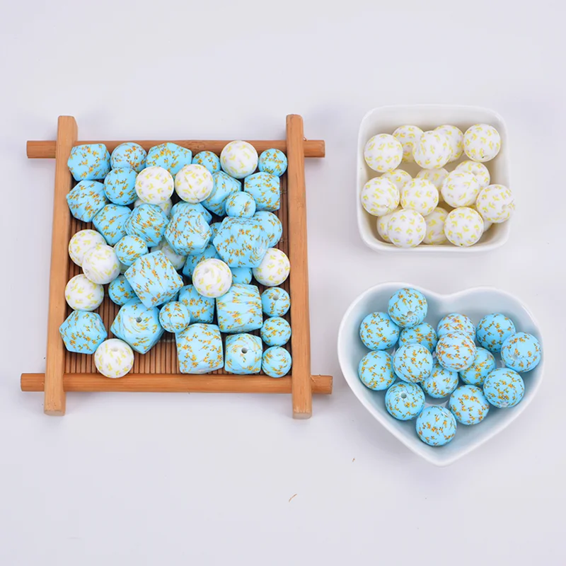 2024 New Design Irregularity Shape Bpa Free Silicone Beads 12mm 15mm 19mm Round Printed Silicone Beads For Pens Keychain Making