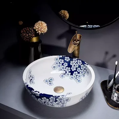 Chinese Table Basin Blue and White Hand Painted Ice plum Ceramic Washbasin Retro Art Washbasin Household Hand Wash Sink