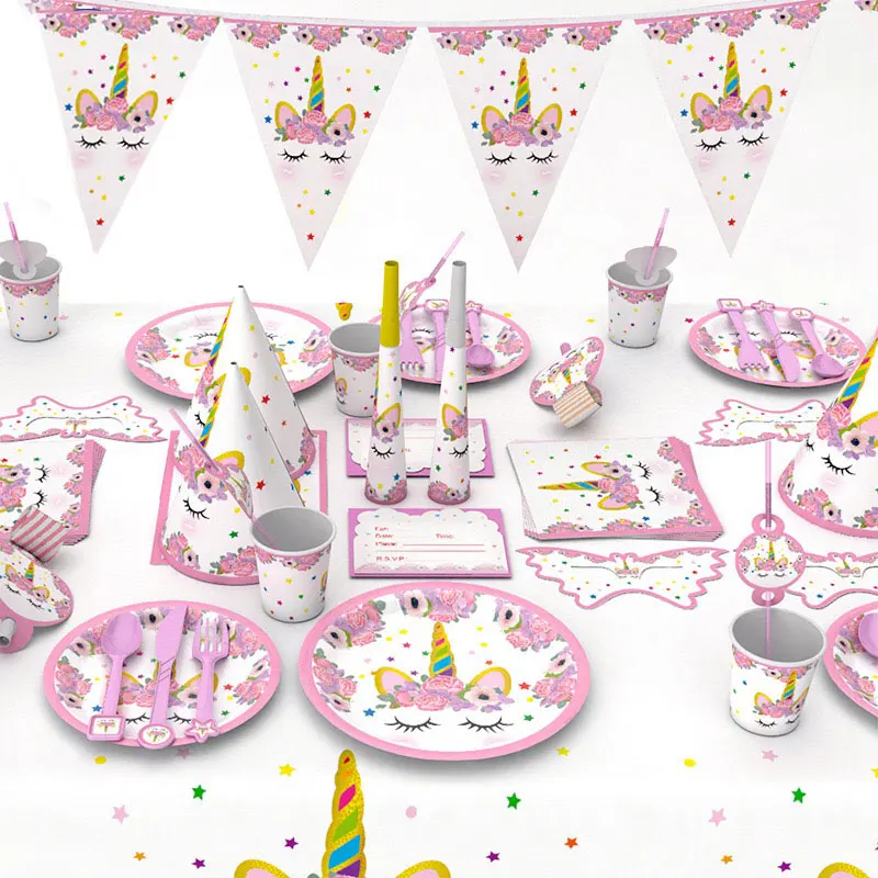 
Custom Kids Unicorn Party Tableware Sets Disposable Wholesale Birthday Party Supplies 