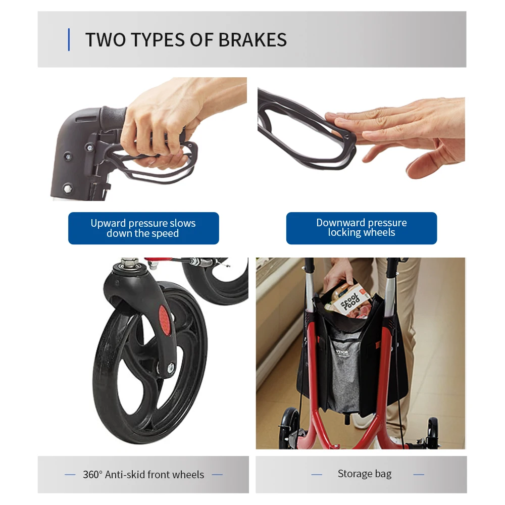 Short delivery time folding walker portable patient adjustable shopping medical outdoor steel rollator walker with bag