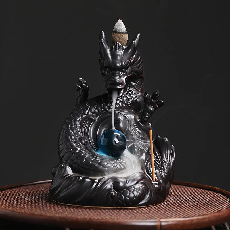 Elegant Dragon Shaped Ceramic Backflow Incense Burner with Blue Crystal Ball for Home Fragrance Decor