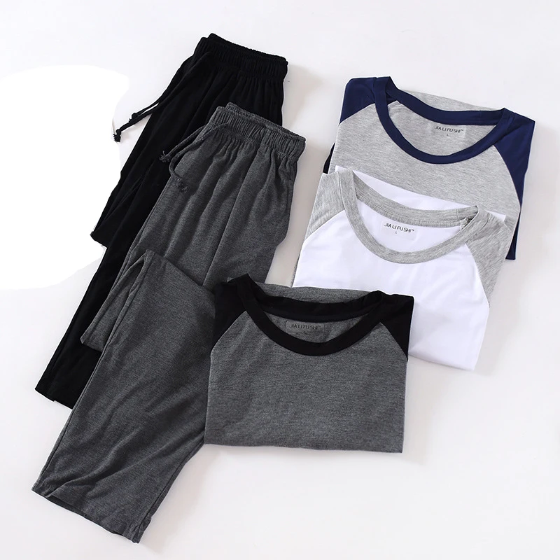 Man  Two Pieces Short Pajamas Sets Mens  Casual Home wear Long Sleeve Tshirts Pants 2 Pcs Sleepwear Set