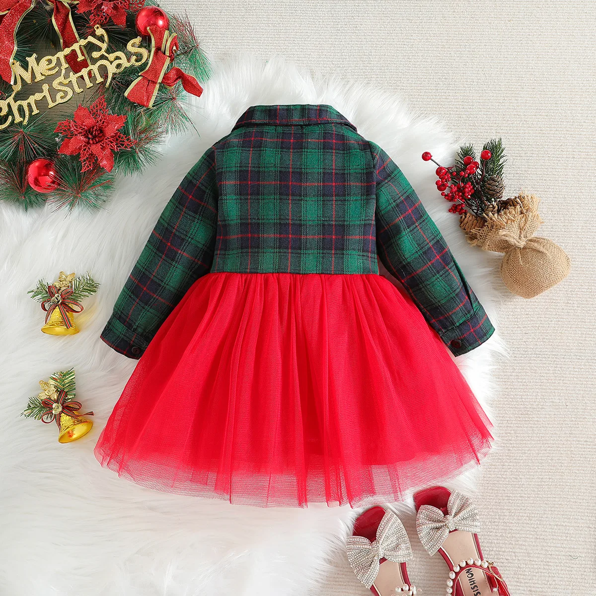2024 New Winter Christmas New Year Green Plaid Tulle Patchwork Dresses 2-6 Years