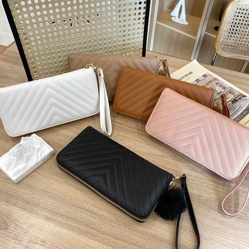RU Wholesale Fashion Women Long Zipper Cell Phone Card Holders Purse Female Pu Leather With Strap Wrist Bag