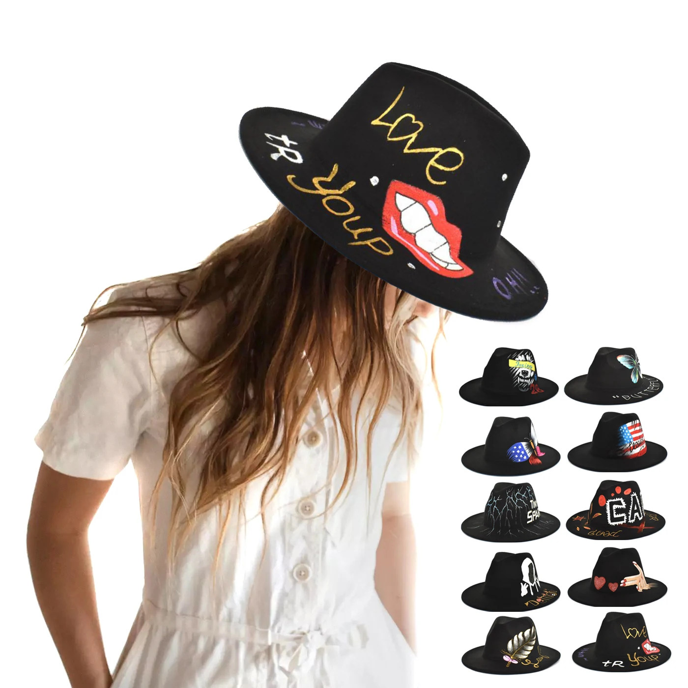 
Classic Wide Brim Floppy Panama Hat Hand Painting Felt Wool Fedora Hat Unisex Jazz Hats Custom 