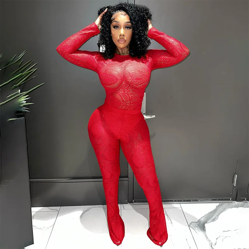 Autumn and Winter New Fashion Lace Hollow Out Perspective One Piece Top and Pants Set