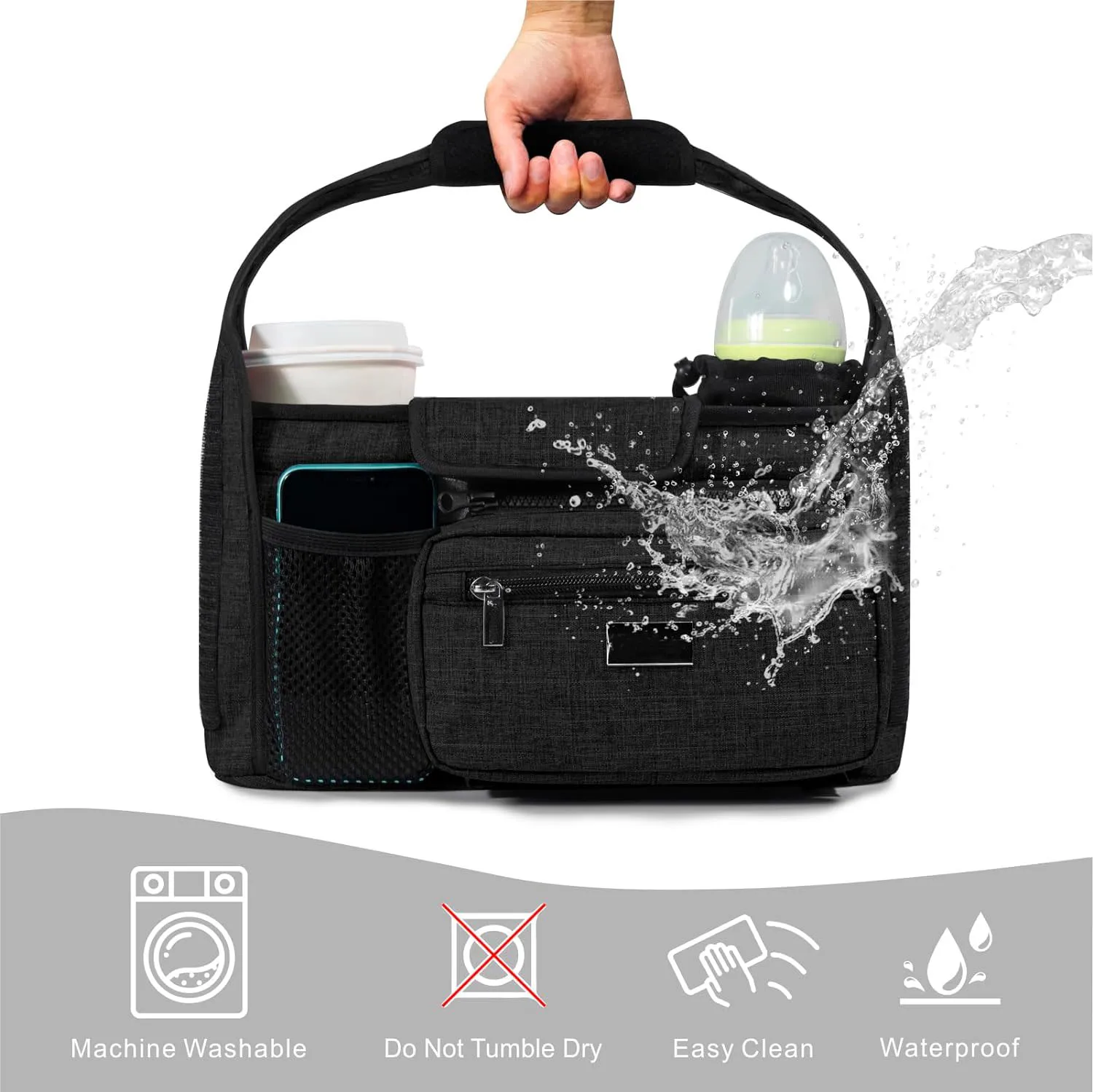 Universal Stroller Organizer with Cup Holder Detachable Phone Bag and Shoulder Strap, Stroller Caddy Fits for Stroller