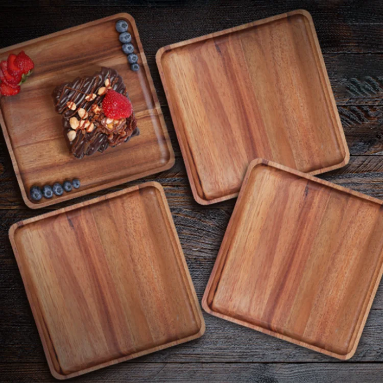 Customized 10inch Wooden Square Tray Unbreakable Plates Serving Tray Wooden Dishes Acacia Wood Dinner Charger Plates