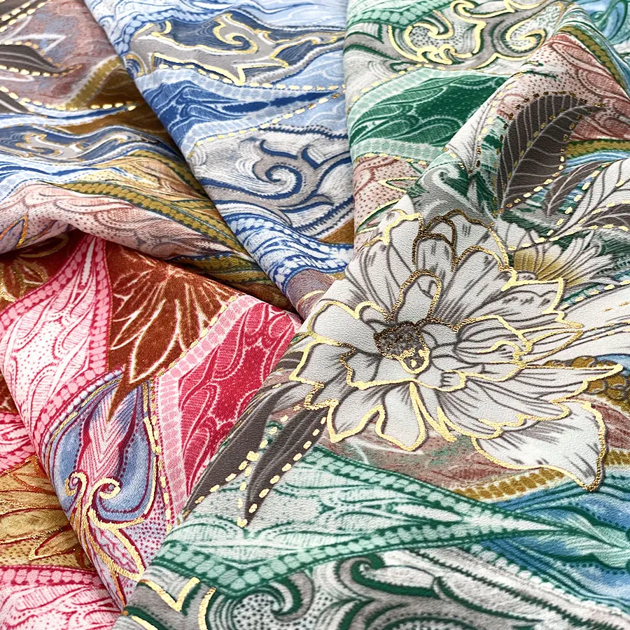 Customized designs sustainable breathable floral prints chiffon soft moss crepe outline metallic printed georgette fabric