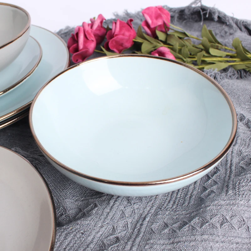 High Quality Luxury Gold Rim White Porcelain Ceramic Kitchen Utensil Plate Dish Bowl Dinner Dinnerware Set