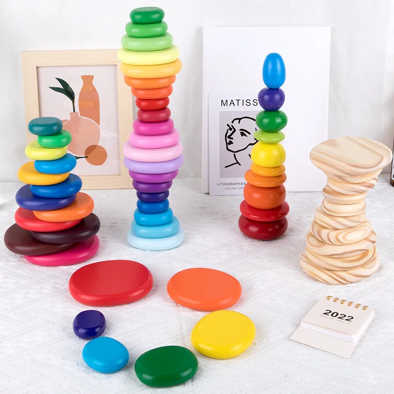 Kids Wooden Toys Rainbow River Pebbles Nature Flat Stone Dolls Rings Balls Building Blocks/Baby Stacking Blocks Motessori Toy