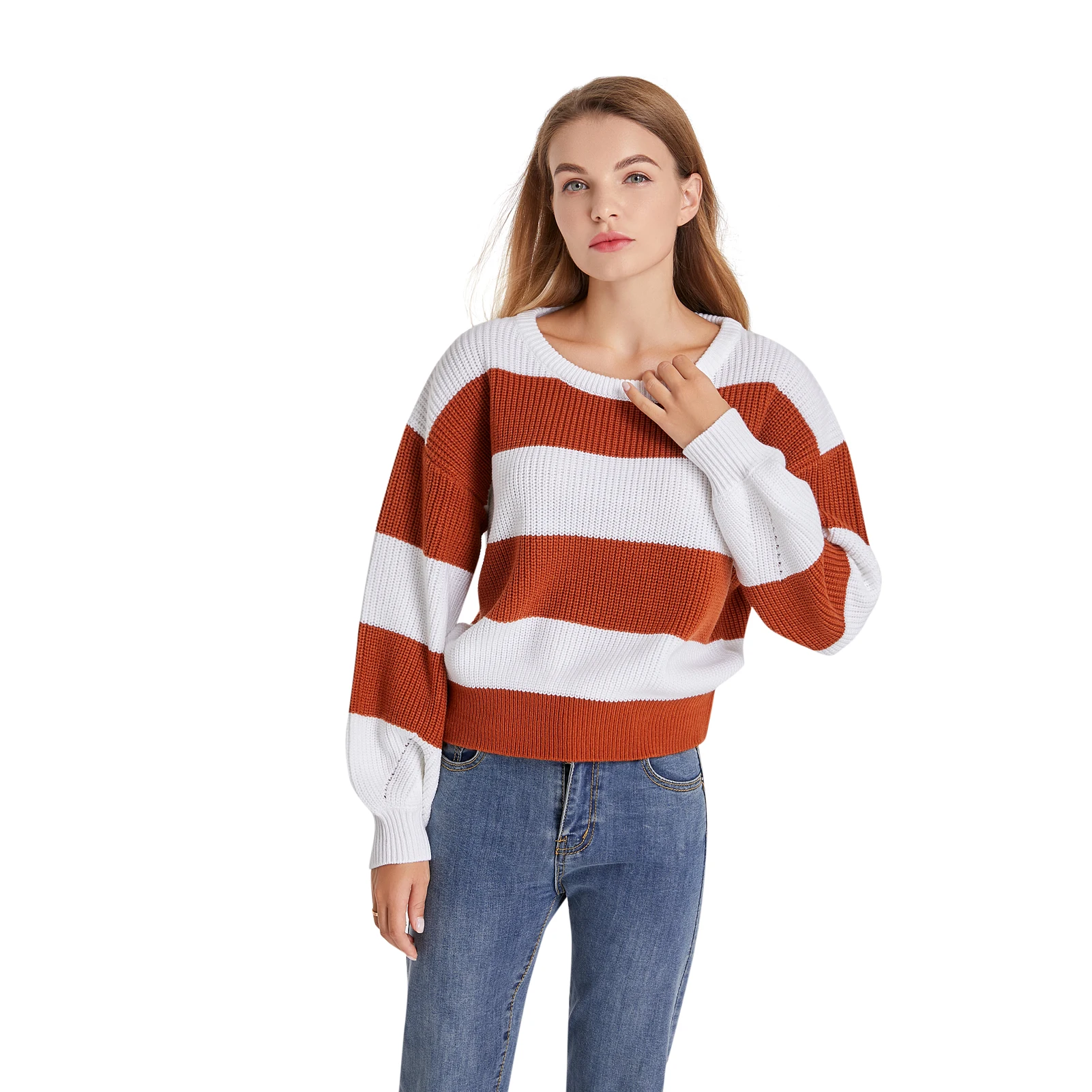 Loose casual Crewneck Long Sleeves Contrast Stripe girls and women Sweater