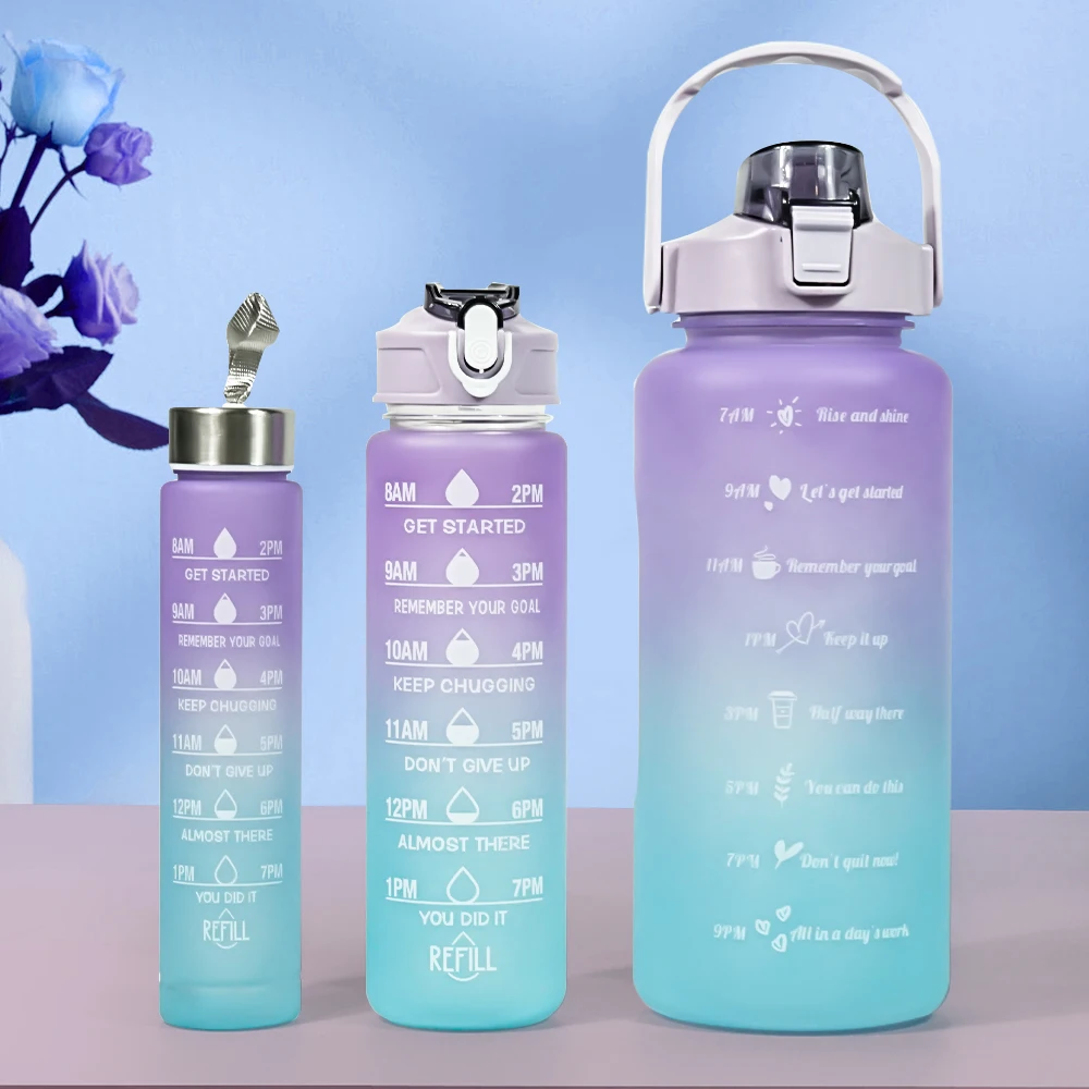 Eco-Friendly Large Capacity Plastic BPA Free 2L Reusable Sport Water Bottle 3pcs/Set Motivational Water Bottle for Male Female