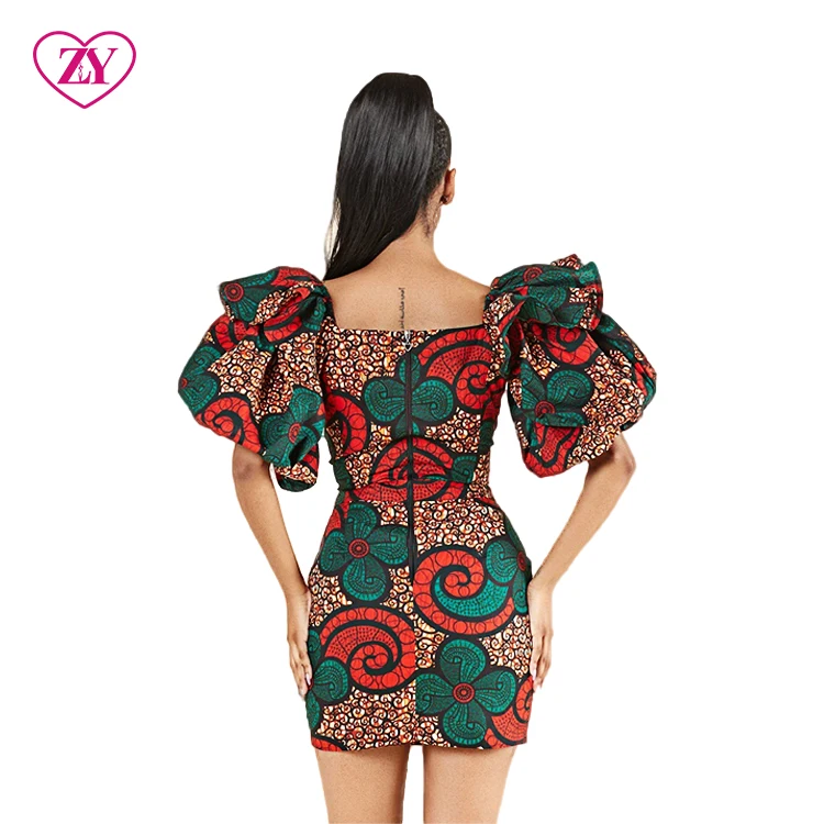 African Women Clothing Mini Styles Designs Large Puffy Sleeves African Print Casual Dress