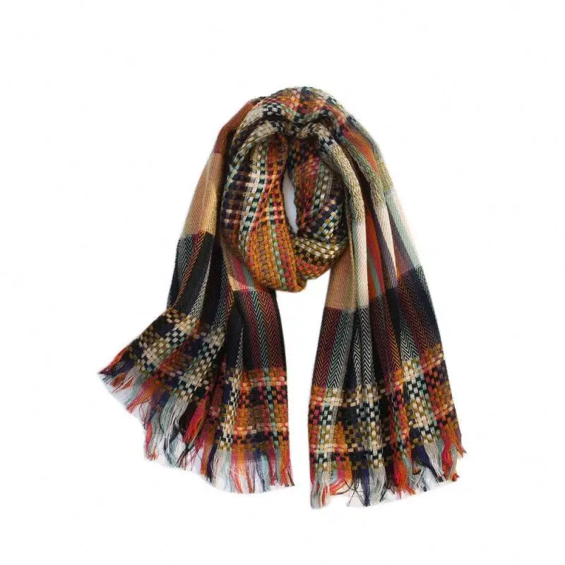 Вязаный цветной шарф в полоску на осень/зиму, длинный плотный теплый шарф с бахромой
