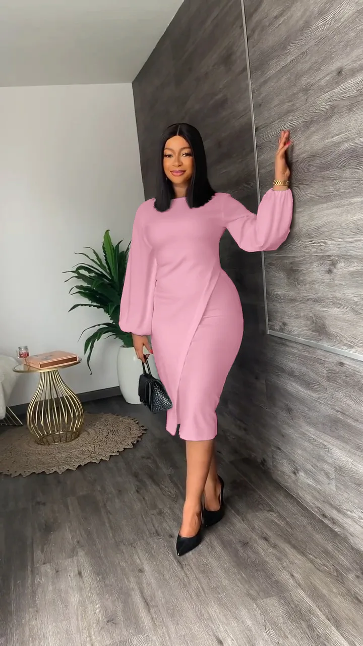 BOBOYU 2022 new arrival women modest work career dresses round neck puff sleeve slim midi dress elegant dress ladies office wear