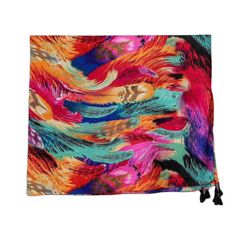 New Arrival Iridescent Feather Pattern Fringe Large Chiffon Shawl Scarf Women Beach Scarf Women Wholesale Hijab Malaysia Scarf