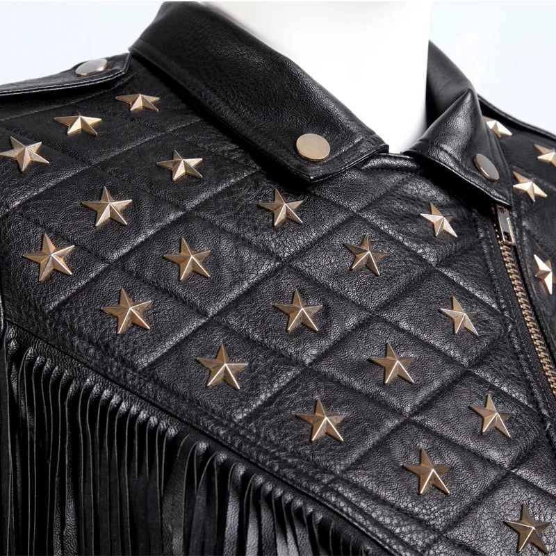 Star Studded Black Moto Turn-Down Collar Short Rivets Ladies Wholesale Punk Zipper Tassel Women Pu Jacket
