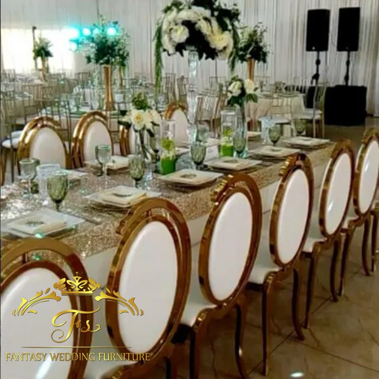 golden high back stainless steel wedding throne chairs with leather cushion for sale