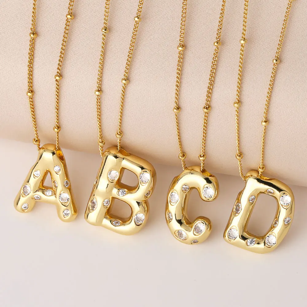 Balloon Bubble Initial Letters White 18K Gold Plated Zircon Non Tarnish Waterproof Pendant Fashion Jewelry Necklaces for Women
